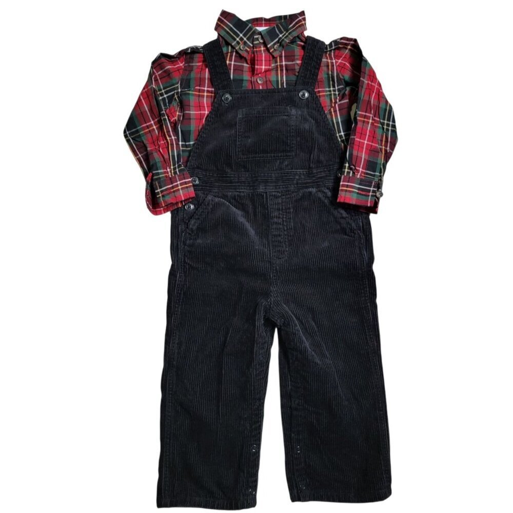 Janie & Jack Boys Black Corduroy Overalls 18-24 Months Red Green Plaid Shirt 2T